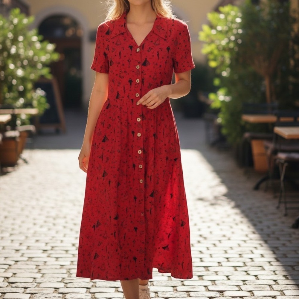 Annette Marie Juilly Midi Dress Size S Red Vintage Novelty Print Button Front